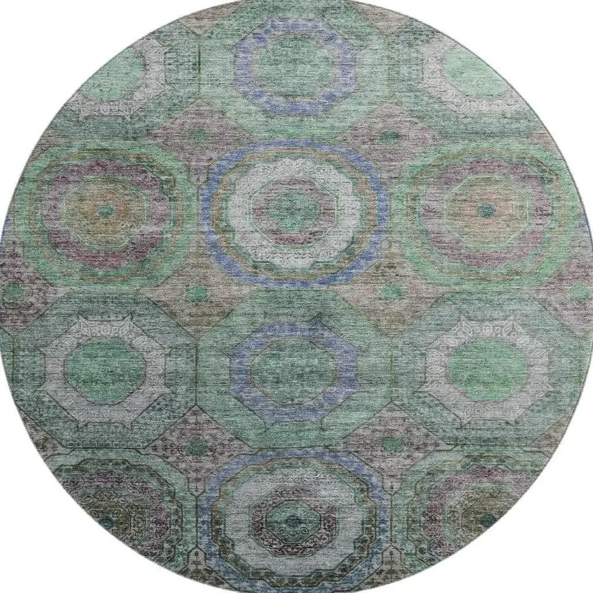 8' Green And Gray Geometric Washable Round Rug With UV Protection Photo 4