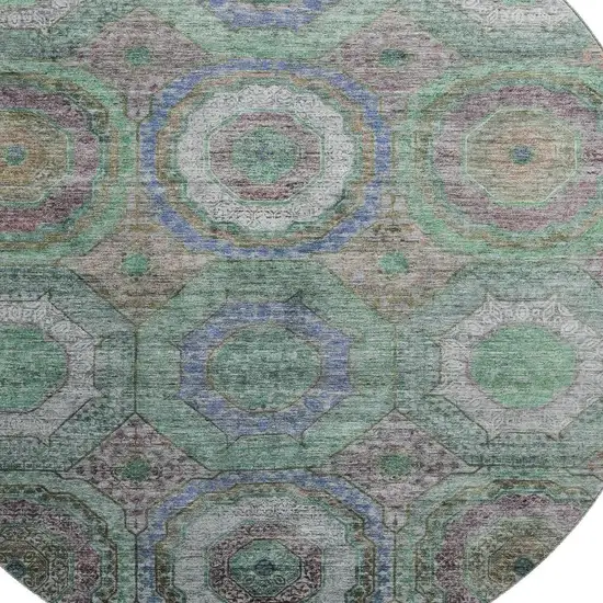 8' Green And Gray Geometric Washable Round Rug With UV Protection Photo 3