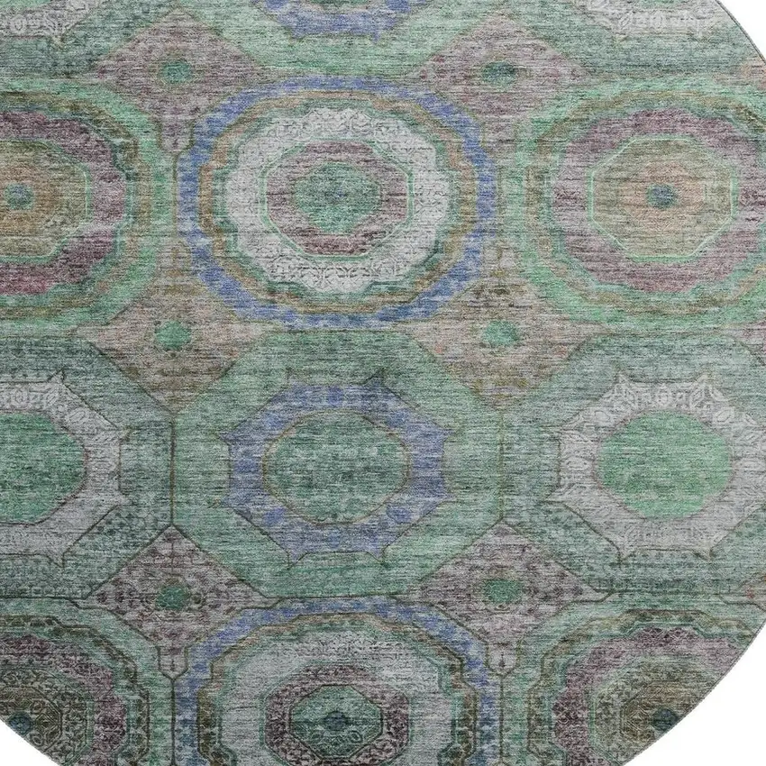 8' Green And Gray Geometric Washable Round Rug With UV Protection Photo 3