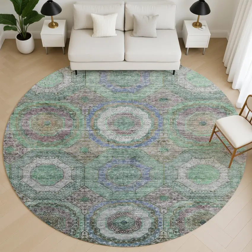 8' Green And Gray Geometric Washable Round Rug With UV Protection Photo 5