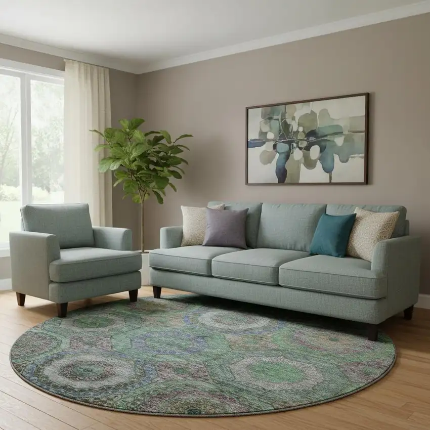 8' Green And Gray Geometric Washable Round Rug With UV Protection Photo 2