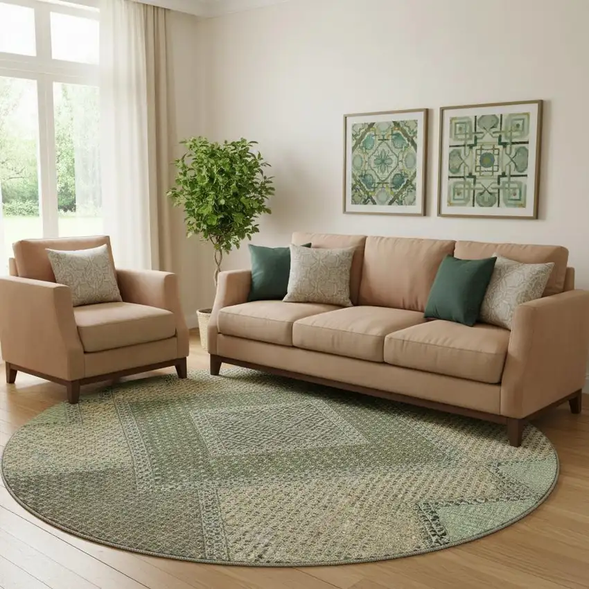 8' Green And Gray Geometric Washable Round Rug With UV Protection Photo 2