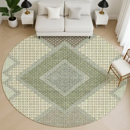 8' Green And Gray Geometric Washable Round Rug With UV Protection Photo 5
