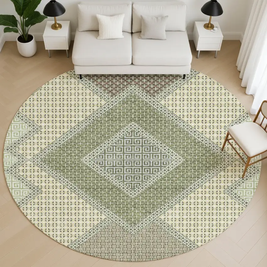8' Green And Gray Geometric Washable Round Rug With UV Protection Photo 5