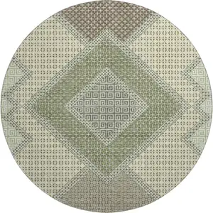 Photo of 8' Green And Gray Geometric Washable Round Rug With UV Protection