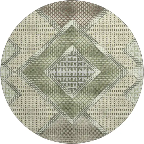 8' Green And Gray Geometric Washable Round Rug With UV Protection Photo 1