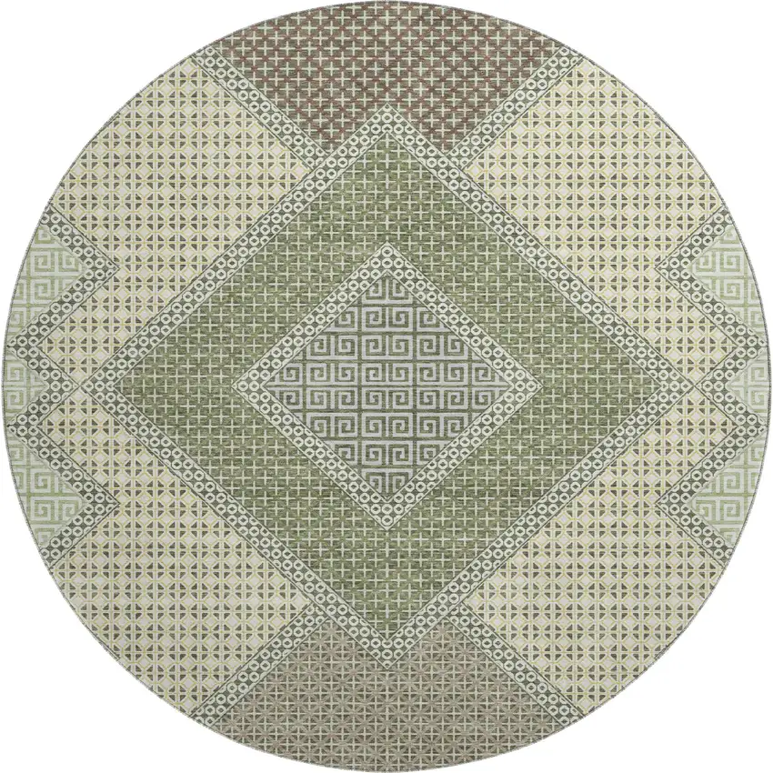 8' Green And Gray Geometric Washable Round Rug With UV Protection Photo 1