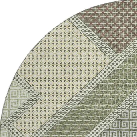 8' Green And Gray Geometric Washable Round Rug With UV Protection Photo 4