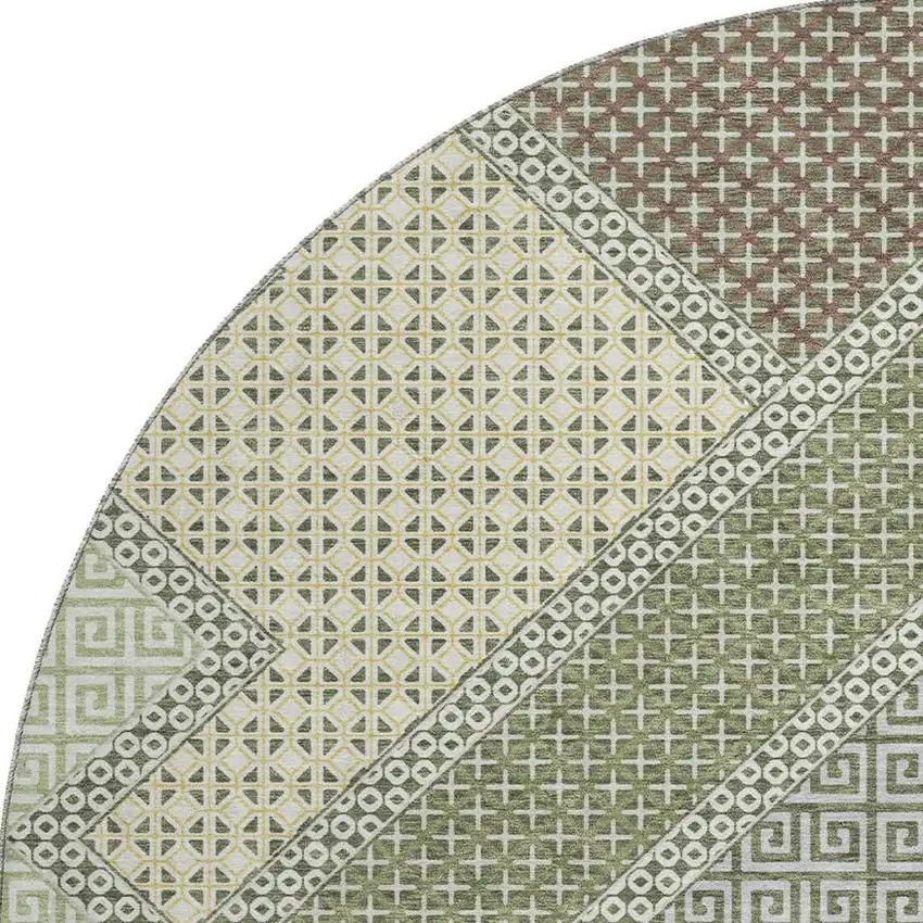 8' Green And Gray Geometric Washable Round Rug With UV Protection Photo 4