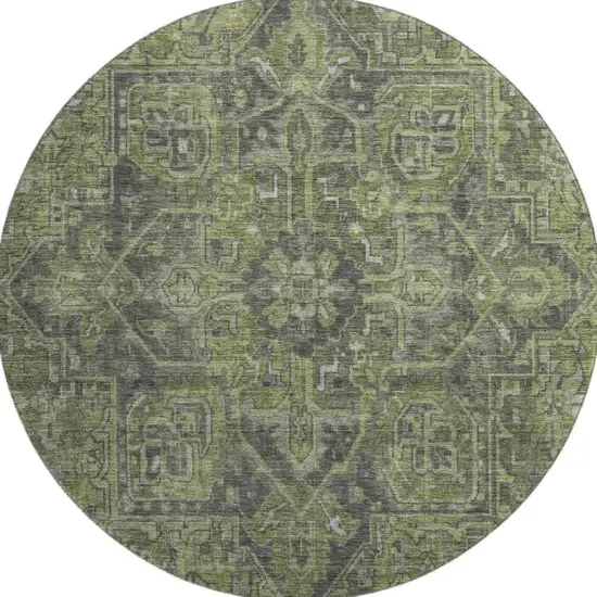 8' Green And Gray Oriental Washable Round Rug With UV Protection Photo 3