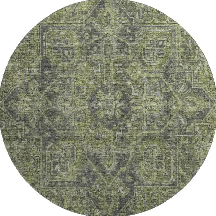 8' Green And Gray Oriental Washable Round Rug With UV Protection Photo 3