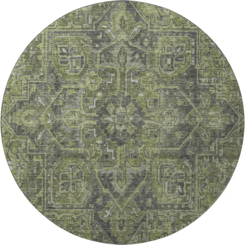 8' Green And Gray Oriental Washable Round Rug With UV Protection Photo 4