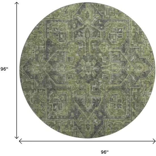 8' Green And Gray Medallion Distressed Washable Round Rug With UV Protection Photo 9