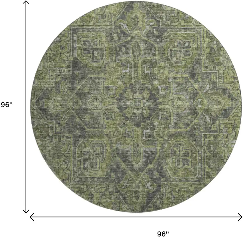 8' Green And Gray Medallion Distressed Washable Round Rug With UV Protection Photo 9
