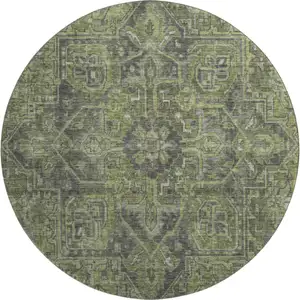 Photo of 8' Green And Gray Oriental Washable Round Rug With UV Protection