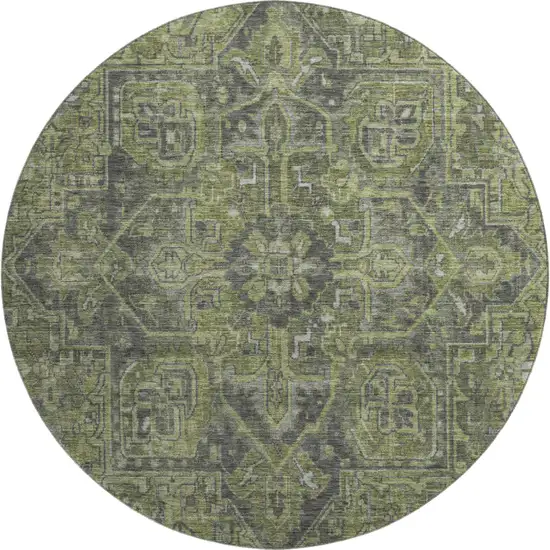 8' Green And Gray Oriental Washable Round Rug With UV Protection Photo 1