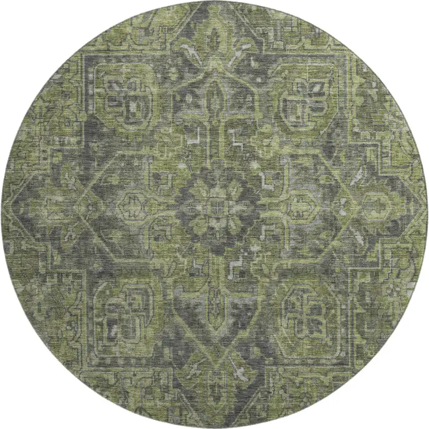 8' Green And Gray Oriental Washable Round Rug With UV Protection Photo 1