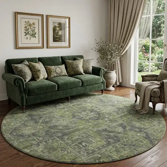 8' Green And Gray Medallion Distressed Washable Round Rug With UV Protection Photo 1