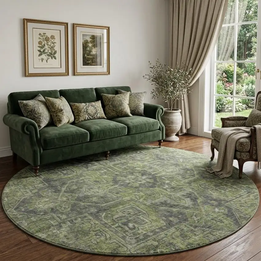 8' Green And Gray Medallion Distressed Washable Round Rug With UV Protection Photo 1
