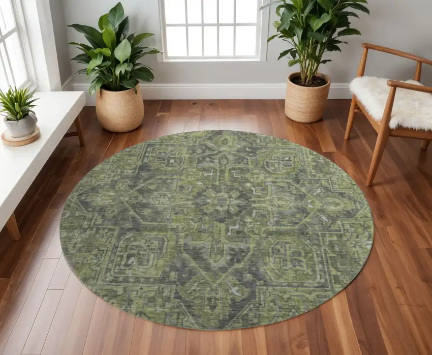 8' Green And Gray Oriental Washable Round Rug With UV Protection Photo 2