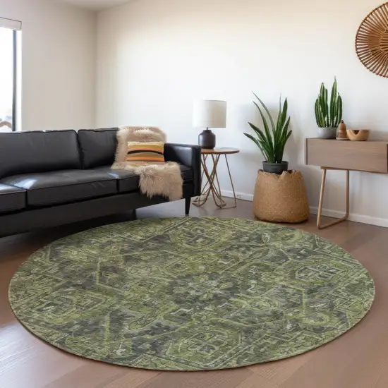 8' Green And Gray Oriental Washable Round Rug With UV Protection Photo 5