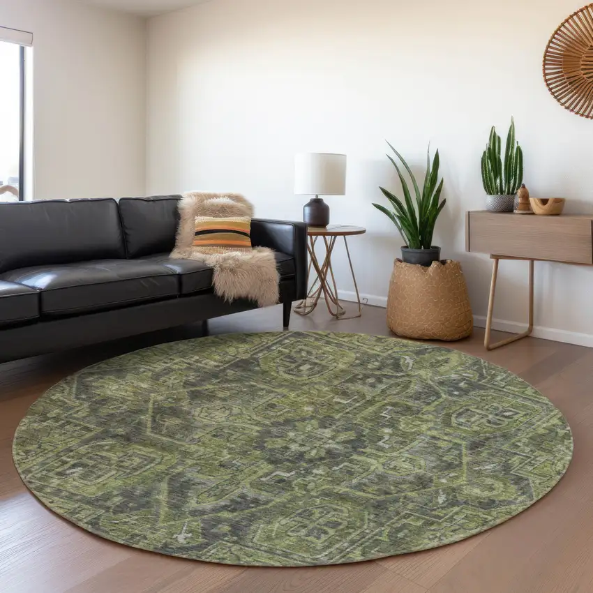 8' Green And Gray Oriental Washable Round Rug With UV Protection Photo 5