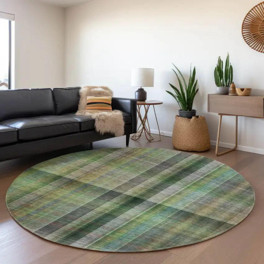 8' Green And Gray Plaid Washable Round Rug With UV Protection Photo 5