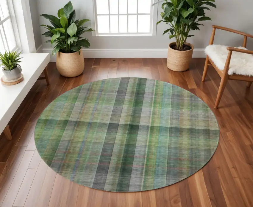 8' Green And Gray Plaid Washable Round Rug With UV Protection Photo 2