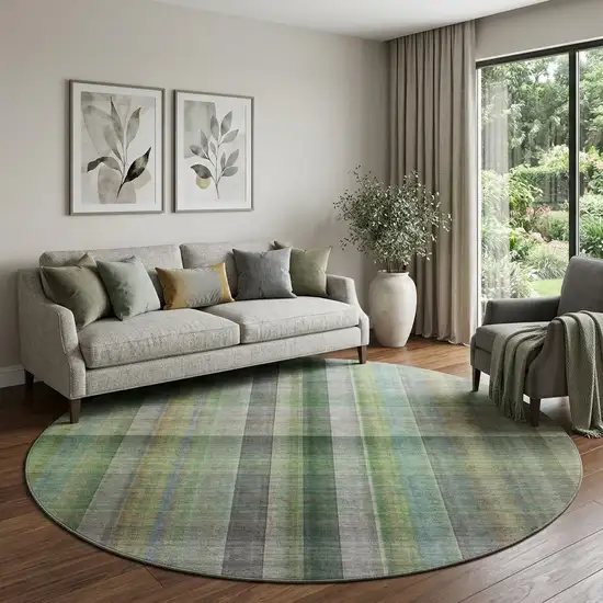 8' Green And Gray Plaid Washable Round Rug With UV Protection Photo 1
