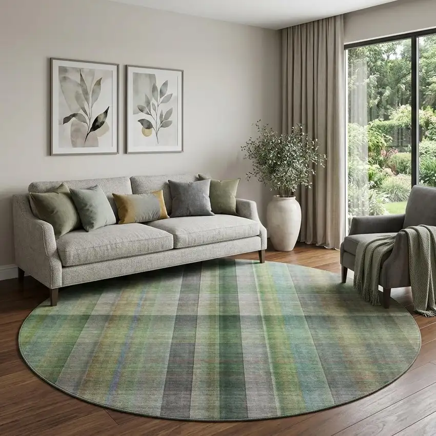 8' Green And Gray Plaid Washable Round Rug With UV Protection Photo 1