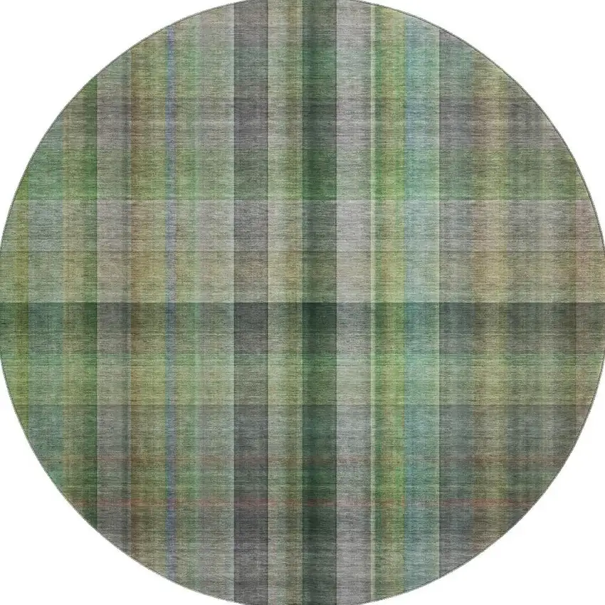 8' Green And Gray Plaid Washable Round Rug With UV Protection Photo 4
