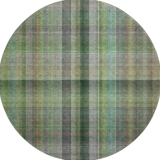 8' Green And Gray Plaid Washable Round Rug With UV Protection Photo 4