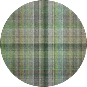 Photo of 8' Green And Gray Plaid Washable Round Rug With UV Protection
