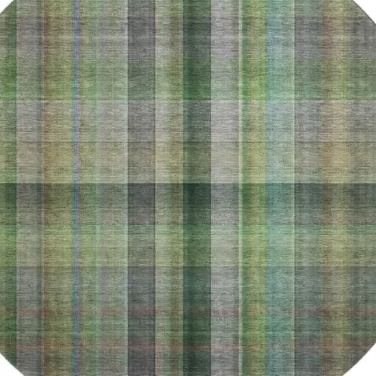 8' Green And Gray Plaid Washable Round Rug With UV Protection Photo 3