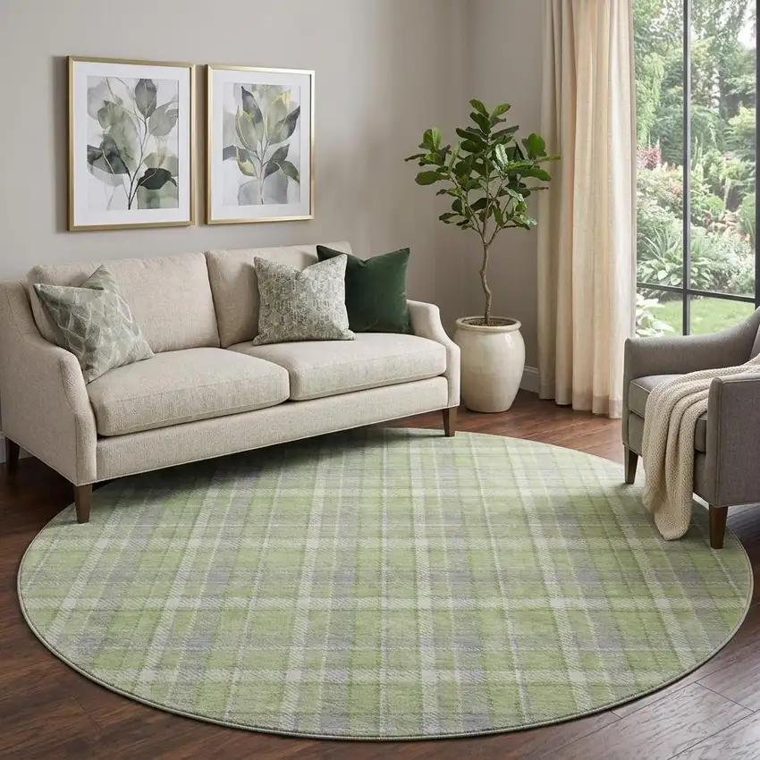 8' Green And Gray Plaid Washable Round Rug With UV Protection Photo 1