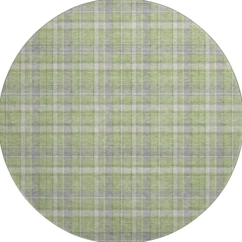 8' Green And Gray Plaid Washable Round Rug With UV Protection Photo 4