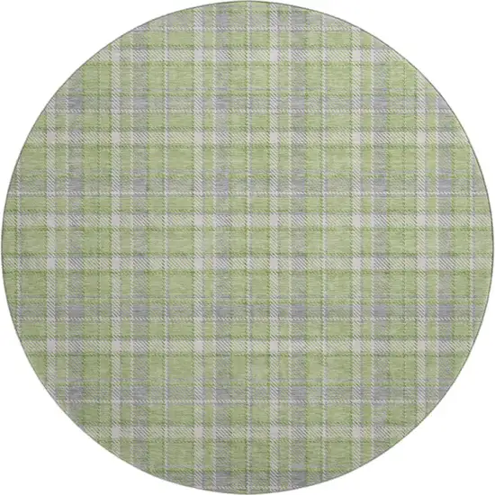 8' Green And Gray Plaid Washable Round Rug With UV Protection Photo 1