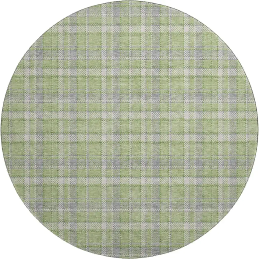 8' Green And Gray Plaid Washable Round Rug With UV Protection Photo 1