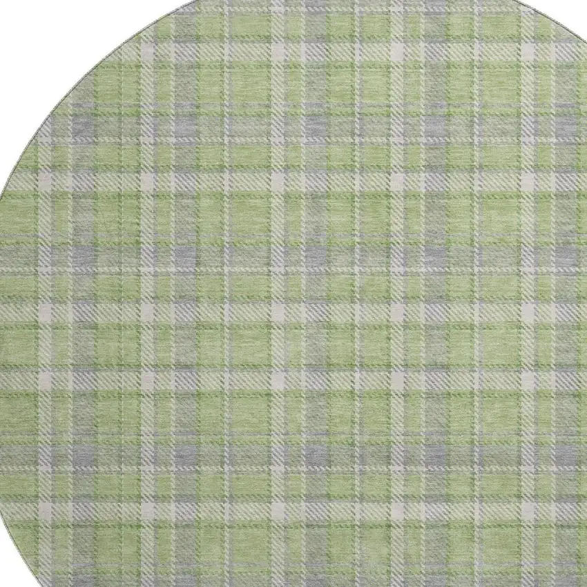 8' Green And Gray Plaid Washable Round Rug With UV Protection Photo 3