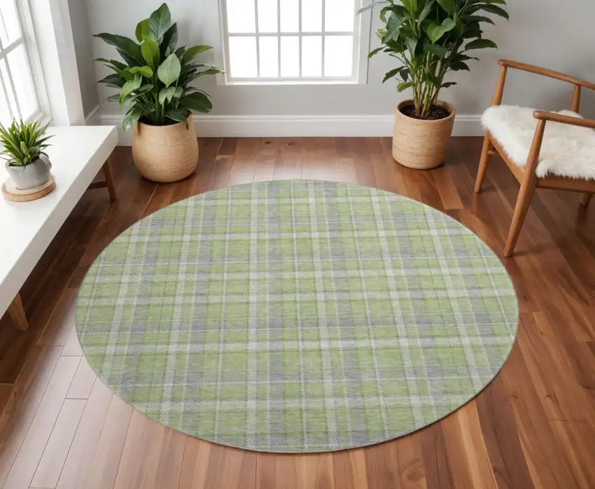 8' Green And Gray Plaid Washable Round Rug With UV Protection Photo 2