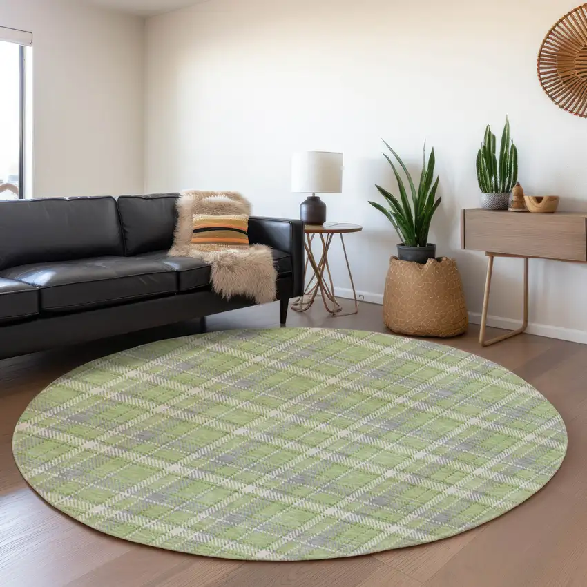 8' Green And Gray Plaid Washable Round Rug With UV Protection Photo 5