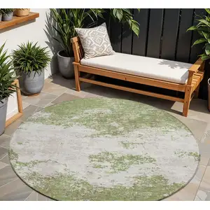 Photo of 8' Green And Gray Round Abstract Washable Indoor Outdoor Area Rug