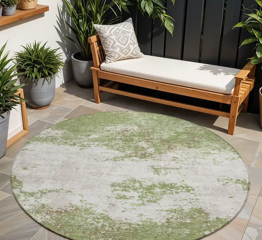 8' Green And Gray Round Abstract Washable Indoor Outdoor Area Rug Photo 1