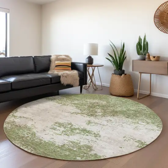 8' Green And Gray Round Abstract Washable Indoor Outdoor Area Rug Photo 7