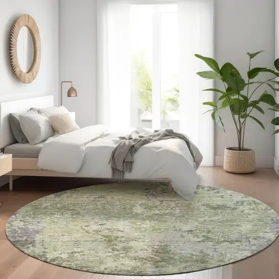 8' Green And Gray Round Abstract Washable Indoor Outdoor Area Rug Photo 7