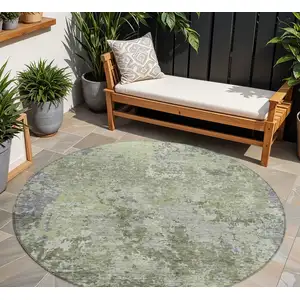 Photo of 8' Green And Gray Round Abstract Washable Indoor Outdoor Area Rug