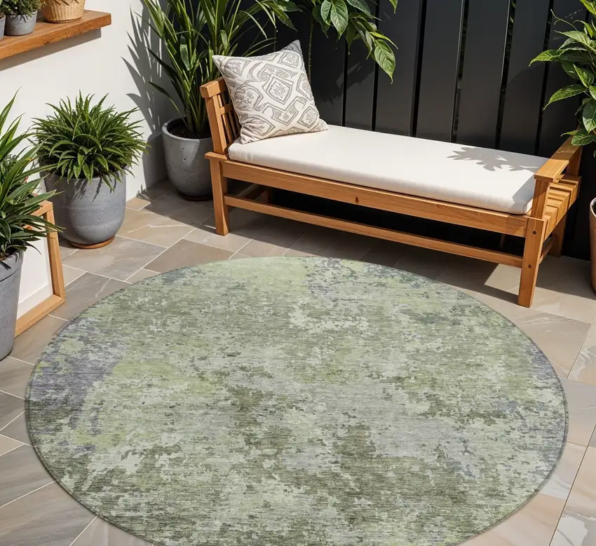8' Green And Gray Round Abstract Washable Indoor Outdoor Area Rug Photo 1