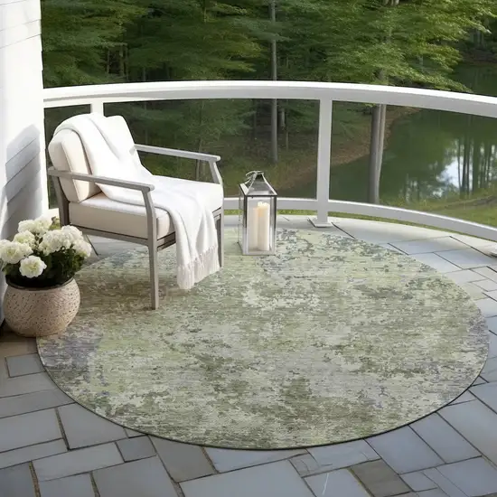 8' Green And Gray Round Abstract Washable Indoor Outdoor Area Rug Photo 6