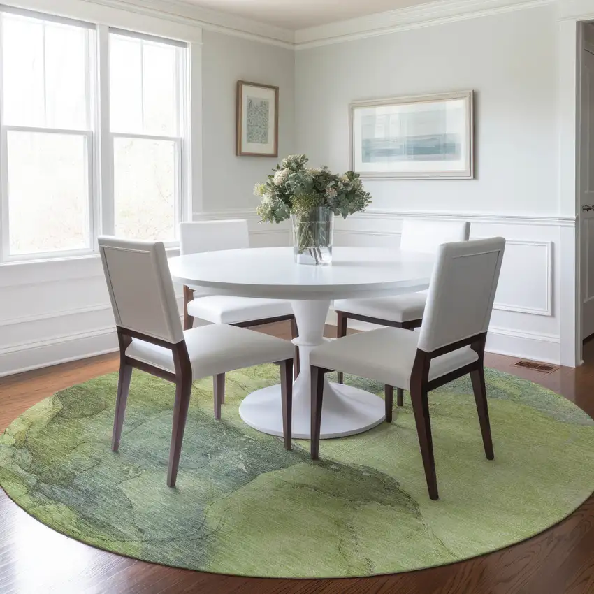 8' Green And Gray Round Abstract Washable Indoor Outdoor Area Rug Photo 7