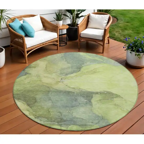 8' Green And Gray Round Abstract Washable Indoor Outdoor Area Rug Photo 2